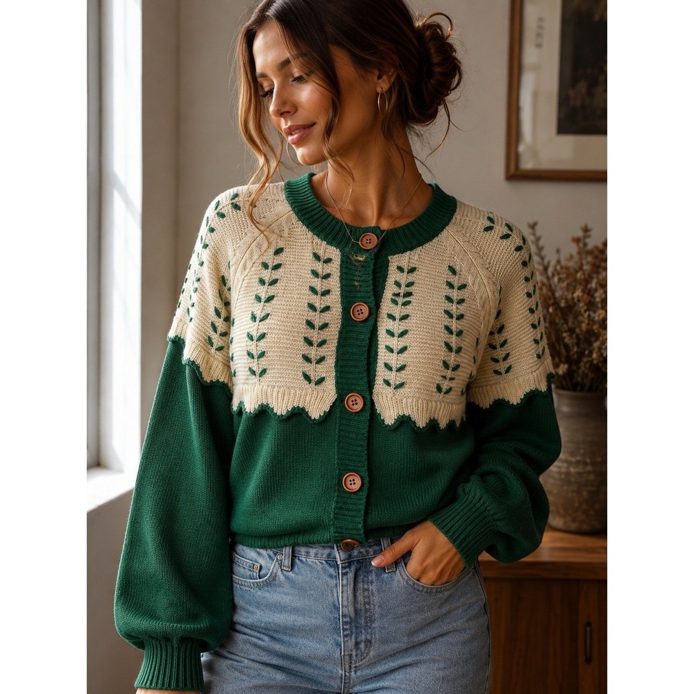 Listicle Green Cream Botanical Knit Cardigan Sweater Size S NWT Cottagecore